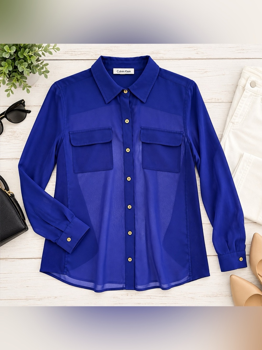Calvin Klein Cobalt Blue Sheer Button Down Blouse Gold Buttons S
